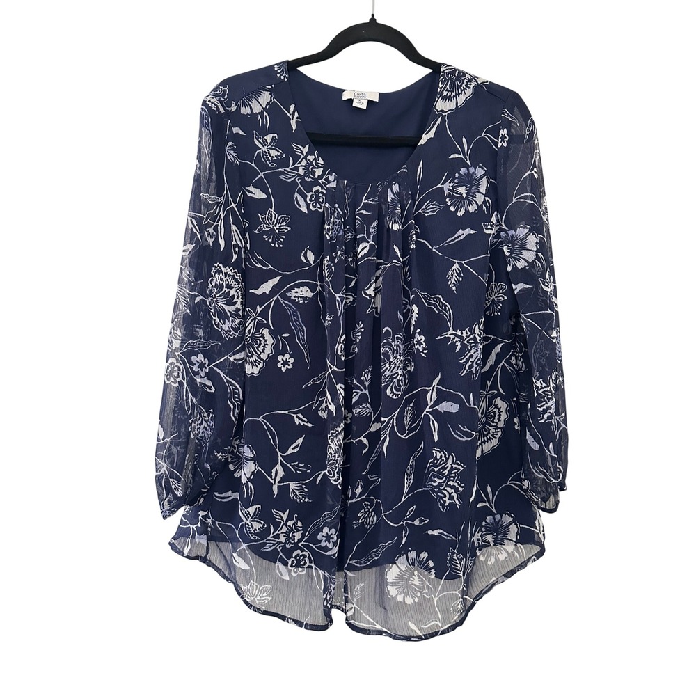 Croft & Barrow Navy Blue Floral Blouse XL Flowy office Whimsical Boho Western